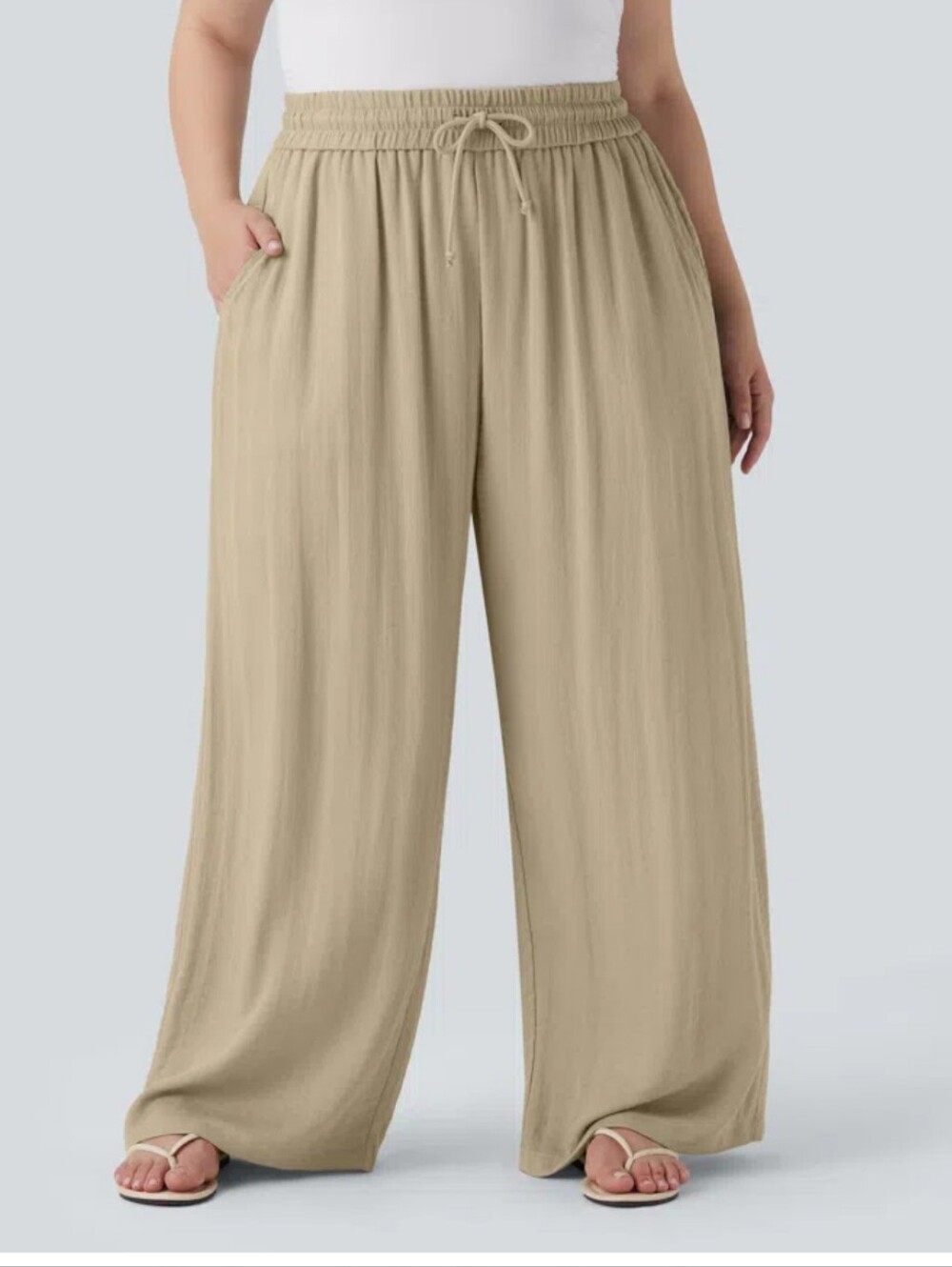 New HALARA High Waisted Drawstring Linen-Feel Wide Leg Casual Pants 3XL Rye